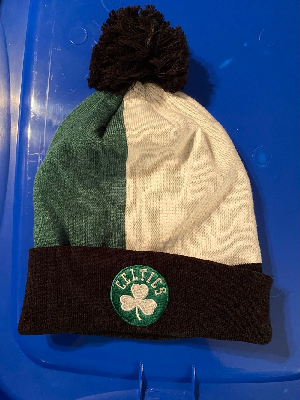 Mitchell & Ness Celtics Split Green White Pom Beanie with Black Cuff